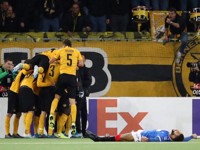 Young Boys' Christian Fassnacht celebrates scoring their second goal with teammates on October 3, 2019