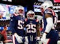 New England Patriots middle linebacker Kyle Van Noy (53) celebrates with defensive back Terrence Brooks (25) and wide receiver Matthew Slater (18) after scoring against the New York Giants during the second half at Gillette Stadium on October 11, 2019