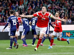 Russia's Artem Dzyuba celebrates scoring their third goal on October 10, 2019