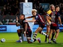 Bristol's Nathan Hughes celebrates scoring a try against Bath on October 18, 2019