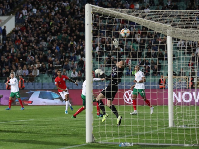 England's Marcus Rashford scores against Bulgaria in their Euro 2020 qualifier on October 14, 2019