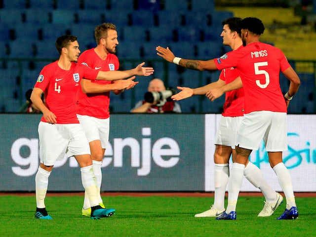 England players celebrate Marcus Rashford's goal against Bulgaria in their Euro 2020 qualifier on October 14, 2019