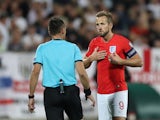England's Harry Kane speaks to the referee during their Euro 2020 qualifier against Bulgaria on October 14, 2019
