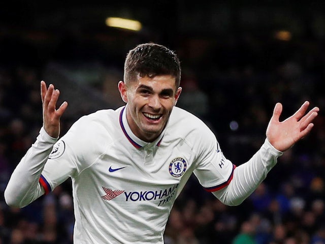 Chelsea's Christian Pulisic celebrates scoring their third goal to complete his hat-trick on October 26, 2019