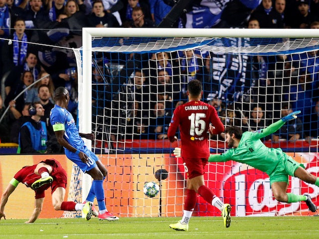 Mbwana Samatta scores a goal which is later disallowed during the Champions League game between Genk and Liverpool on October 23, 2019
