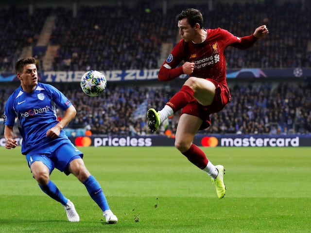 Andrew Robertson takes a shot during the Champions League game between Genk and Liverpool on October 23, 2019