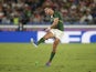 South Africa's Handre Pollard kicks at goal on October 27, 2019