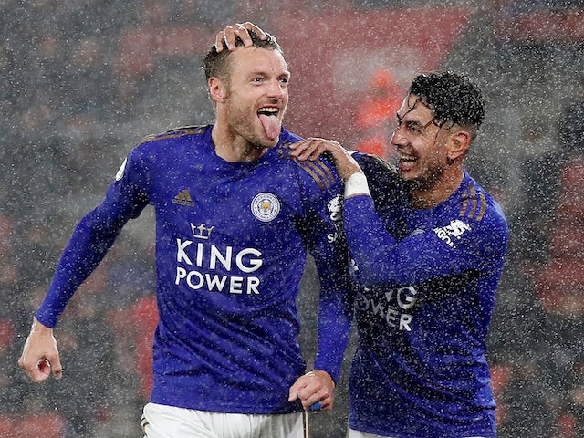 Jamie Vardy celebrates with Ayoze Perez after scoring for Leicester City on October 25, 2019