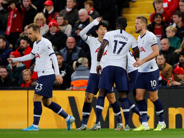 Tottenham Hotspur players celebrate Harry Kane's goal against Liverpool in the Premier League on October 27, 2019