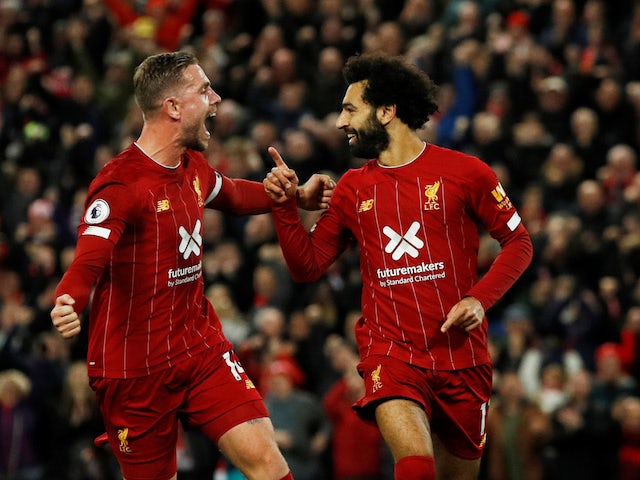 Liverpool's Mohamed Salah celebrates scoring against Tottenham Hotspur in the Premier League on October 27, 2019