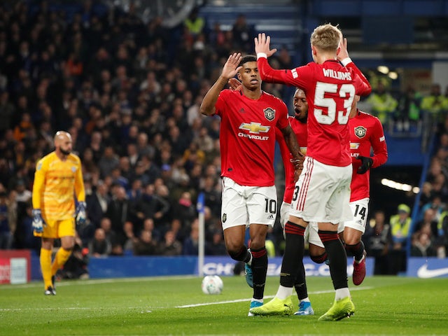 Manchester United's Marcus Rashford celebrates scoring against Chelsea in the EFL Cup on October 30, 2019