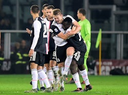 Juventus' Matthijs de Ligt celebrates with Blaise Matuidi and teammates after the match against Torino on November 2, 2019