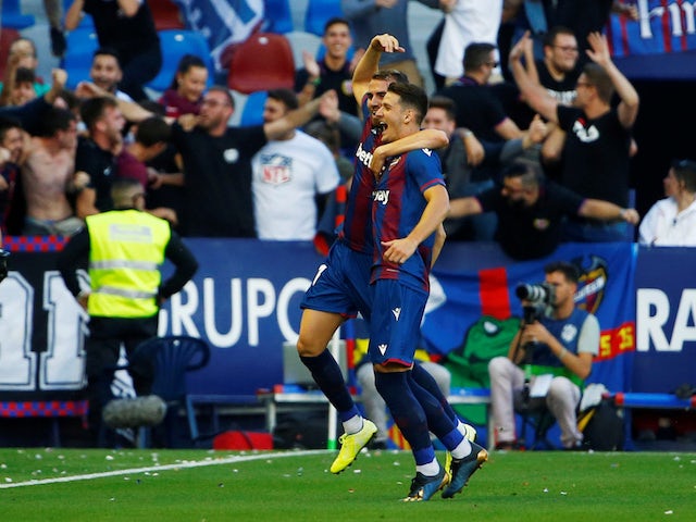 Levante's Nemanja Radoja celebrates scoring their third goal against Barcelona on November 2, 2019