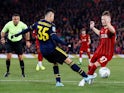 Liverpool's Harvey Elliott goes down under the challenge of Arsenal's Gabriel Martinelli prompting referee Andre Marriner to award Liverpool a penalty on October 30, 2019