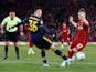 Liverpool's Harvey Elliott goes down under the challenge of Arsenal's Gabriel Martinelli prompting referee Andre Marriner to award Liverpool a penalty on October 30, 2019