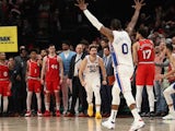 Philadelphia 76ers guard Furkan Korkmaz (30) reacts after making the game winning three-point shot to defeat the Portland Trail Blazers at Moda Center on November 3, 2019.