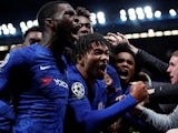 Chelsea's Reece James celebrates scoring their fourth goal with Fikayo Tomori, Willian and teammates on November 5, 2019