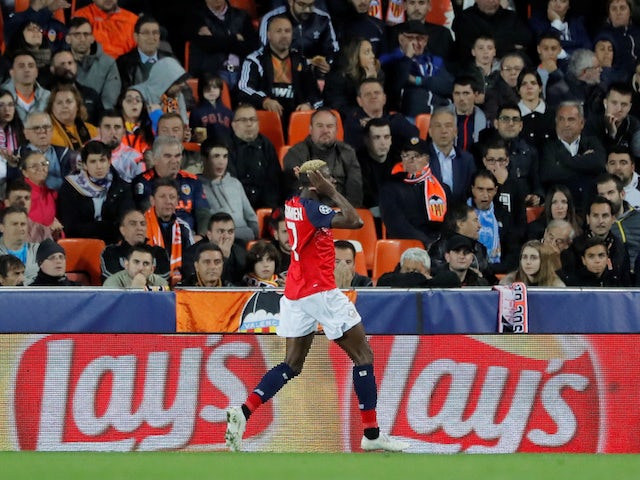Lille's Victor Osimhen celebrates scoring their first goal against Valencia on November 5, 2019