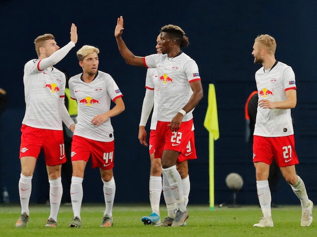 RB Leipzig players celebrate their second goal scored by Marcel Sabitzer on November 5, 2019