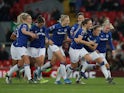 Everton's Lucy Graham celebrates scoring their first goal with team mates on November 17, 2019