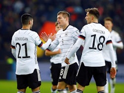 Germany's Toni Kroos celebrates scoring their third goal with team mates on November 16, 2019