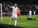 England's Harry Kane celebrates scoring their second goal on November 17, 2019