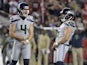 Seattle Seahawks kicker Jason Myers (5) celebrates with punter Michael Dickson (4) after kicking a 46-yard field goal in the fourth quarter against the San Francisco 49ers at Levi's Stadium on November 12, 2019
