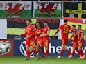 Wales' Harry Wilson celebrates scoring their second goal with team mates on November 16, 2019