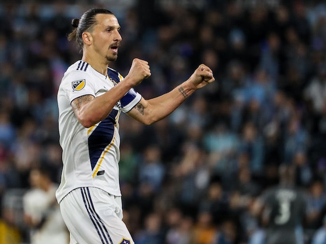 LA Galaxy forward Zlatan Ibrahimovic (9) celebrates following the game against Minnesota United at Allianz Field pictured in October 2019