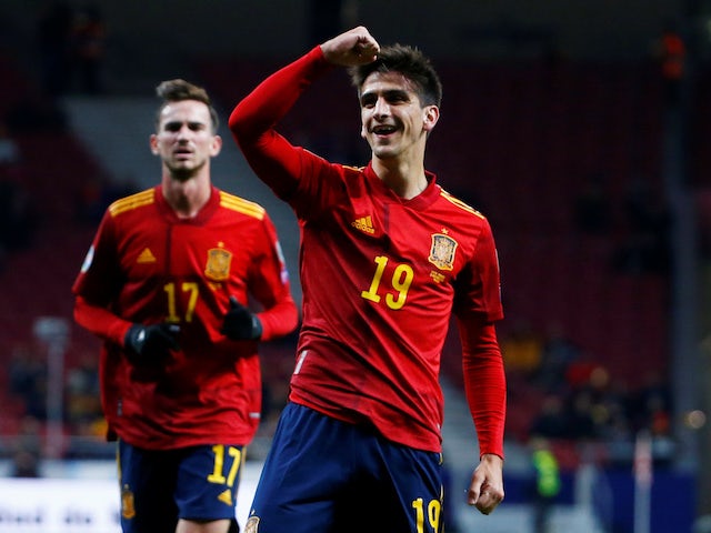 Spain's Gerard Moreno celebrates scoring their second goal on November 18, 2019