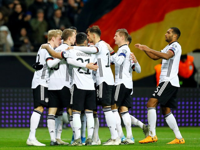 Germany's Serge Gnabry celebrates scoring their third goal with teammates on November 19, 2019