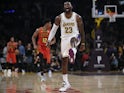 Los Angeles Lakers forward LeBron James (23) celebrates after a dunk by guard Danny Green (14) during the second quarter against the Atlanta Hawks at Staples Center on November 18, 2019