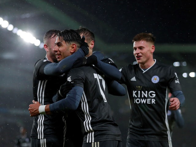 Leicester City's Ayoze Perez celebrates scoring their first goal with teammates on November 23, 2019