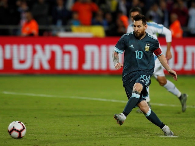 Argentina's Lionel Messi scores their second goal from the penalty spot on November 18, 2019