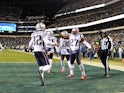 New England Patriots free safety Devin McCourty (32) and cornerback J.C. Jackson (27) celebrate in the end zone during the fourth quarter against the Philadelphia Eagles at Lincoln Financial Field on November 16, 2019