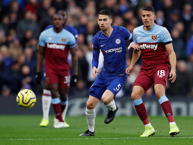 Chelsea's Jorginho in action with West Ham United's Pablo Fornals in the Premier League on November 30, 2019