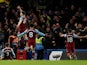 West Ham United players celebrate Aaron Cresswell's goal against Chelsea in the Premier League on November 30, 2019
