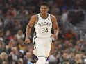 Milwaukee Bucks forward Giannis Antetokounmpo (34) reacts after scoring during the first quarter against the Utah Jazz at Fiserv Forum on November 26, 2019