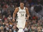 Milwaukee Bucks forward Giannis Antetokounmpo (34) reacts after scoring during the first quarter against the Utah Jazz at Fiserv Forum on November 26, 2019
