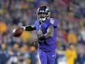 Baltimore Ravens quarterback Lamar Jackson (8) throws a pass against the Los Angeles Rams during the first half at Los Angeles Memorial Coliseum on November 26, 2019