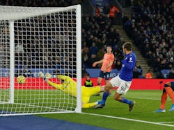 Leicester City's Jamie Vardy scores their first goal against Everton on December 1, 2019