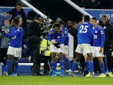 Leicester City's Kelechi Iheanacho celebrates scoring their second goal with teammates against Everton on November 1, 2019