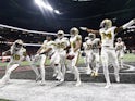 New Orleans Saints players celebrate after a fumble recovery by strong safety Vonn Bell (24) against the Atlanta Falcons in the second half at Mercedes-Benz Stadium on November 29, 2019
