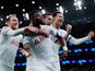 Tottenham Hotspur's Serge Aurier celebrates scoring their third goal with Christian Eriksen, Harry Winks and Dele Alli pictured on November 26, 2019
