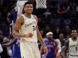 Milwaukee Bucks forward Giannis Antetokounmpo (34) reacts during the first half against the Detroit Pistons at Little Caesars Arena on December 5, 2019