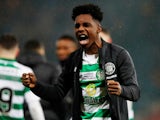 Celtic's Jeremie Frimpong celebrates winning the Scottish League Cup after the match on December 8, 2019