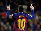 Lionel Messi celebrates scoring for Barcelona on December 7, 2019