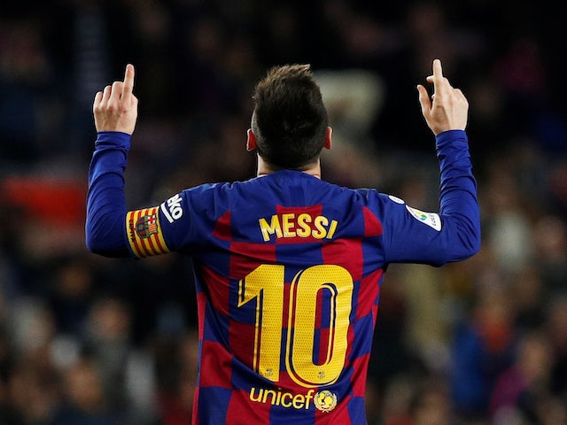 Lionel Messi celebrates scoring for Barcelona on December 7, 2019