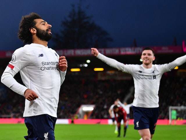 Liverpool's Mohamed Salah celebrates scoring their third goal on December 7, 2019