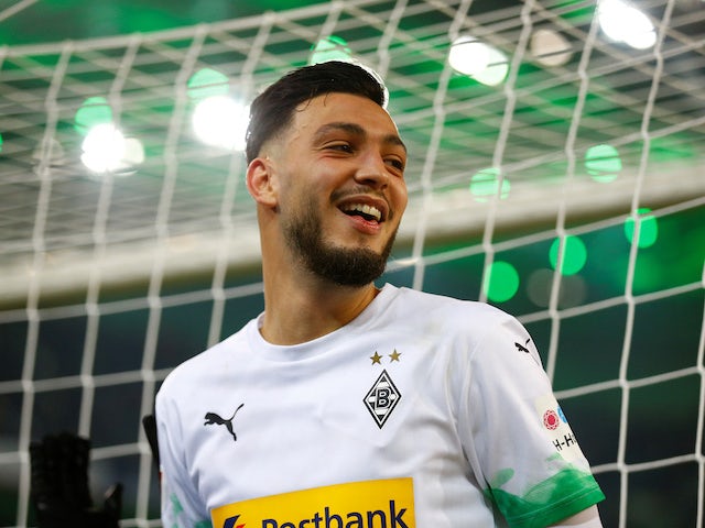 Ramy Bensebaini celebrates scoring for Borussia Monchengladbach on December 7, 2019